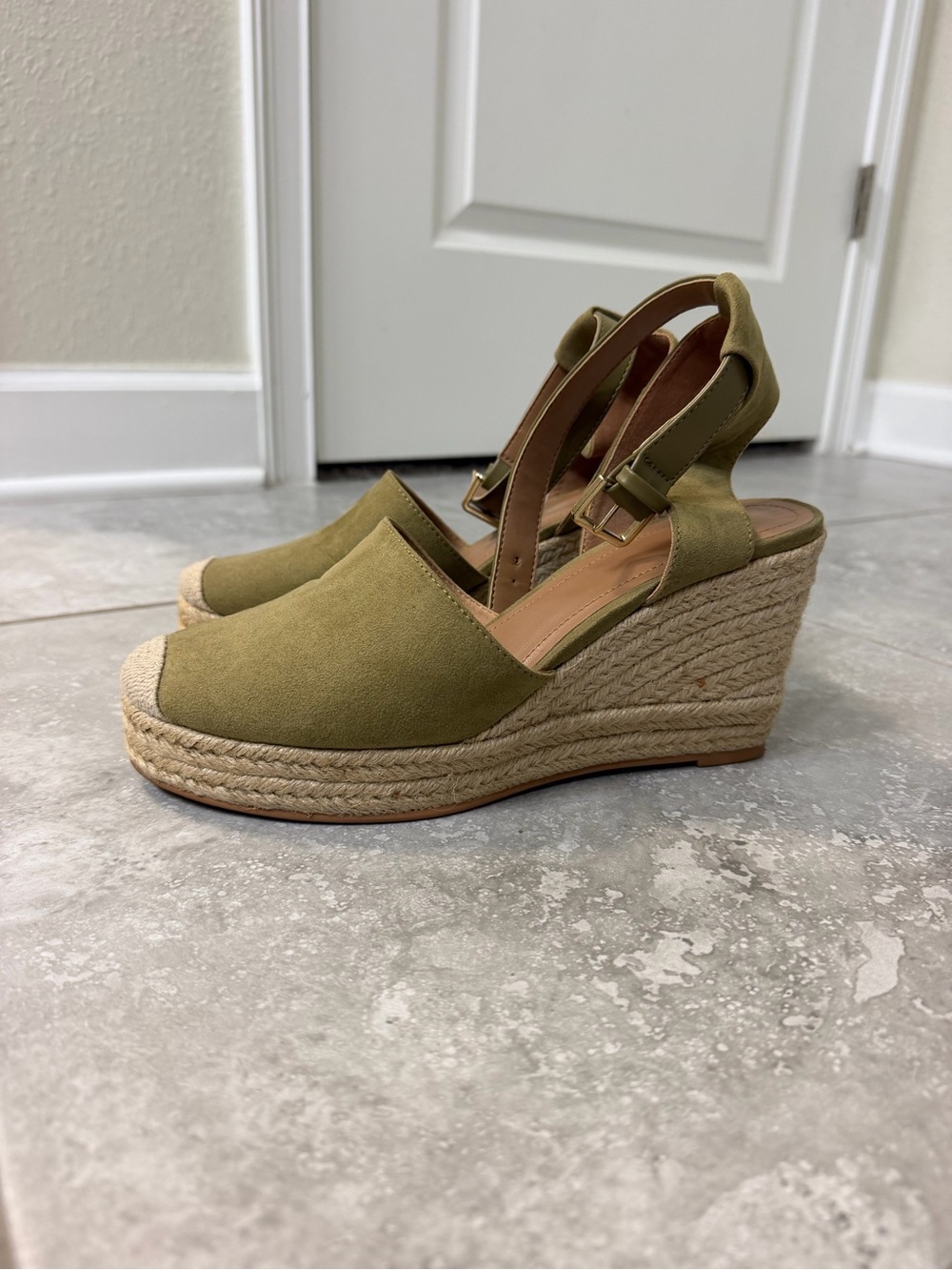 H&M Olive Espadrille Wedge Sandals with Ankle Buckle